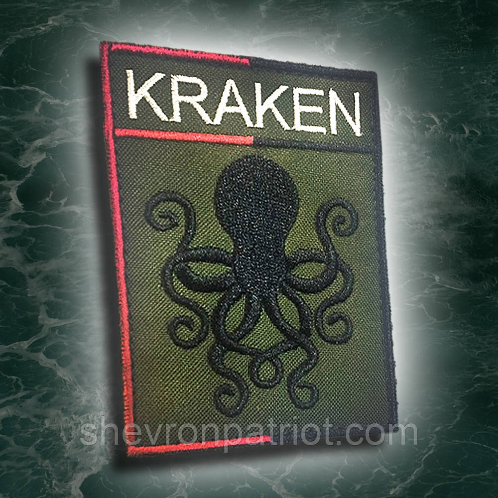 №128 Шеврон KRAKEN (Форма прямокутна. Фон олива) Розмір 9 на 7 см